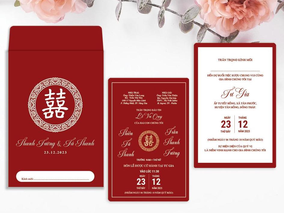 Mẫu thiệp cưới 3D màu đỏ truyền thống với họa tiết cắt ấn tượng.
